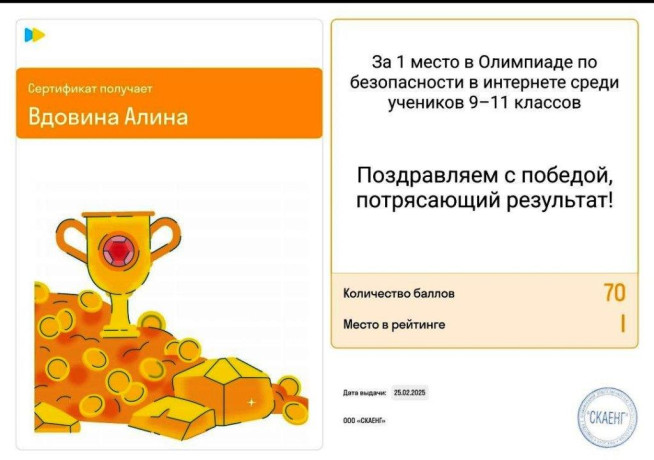 1 место Вдовина